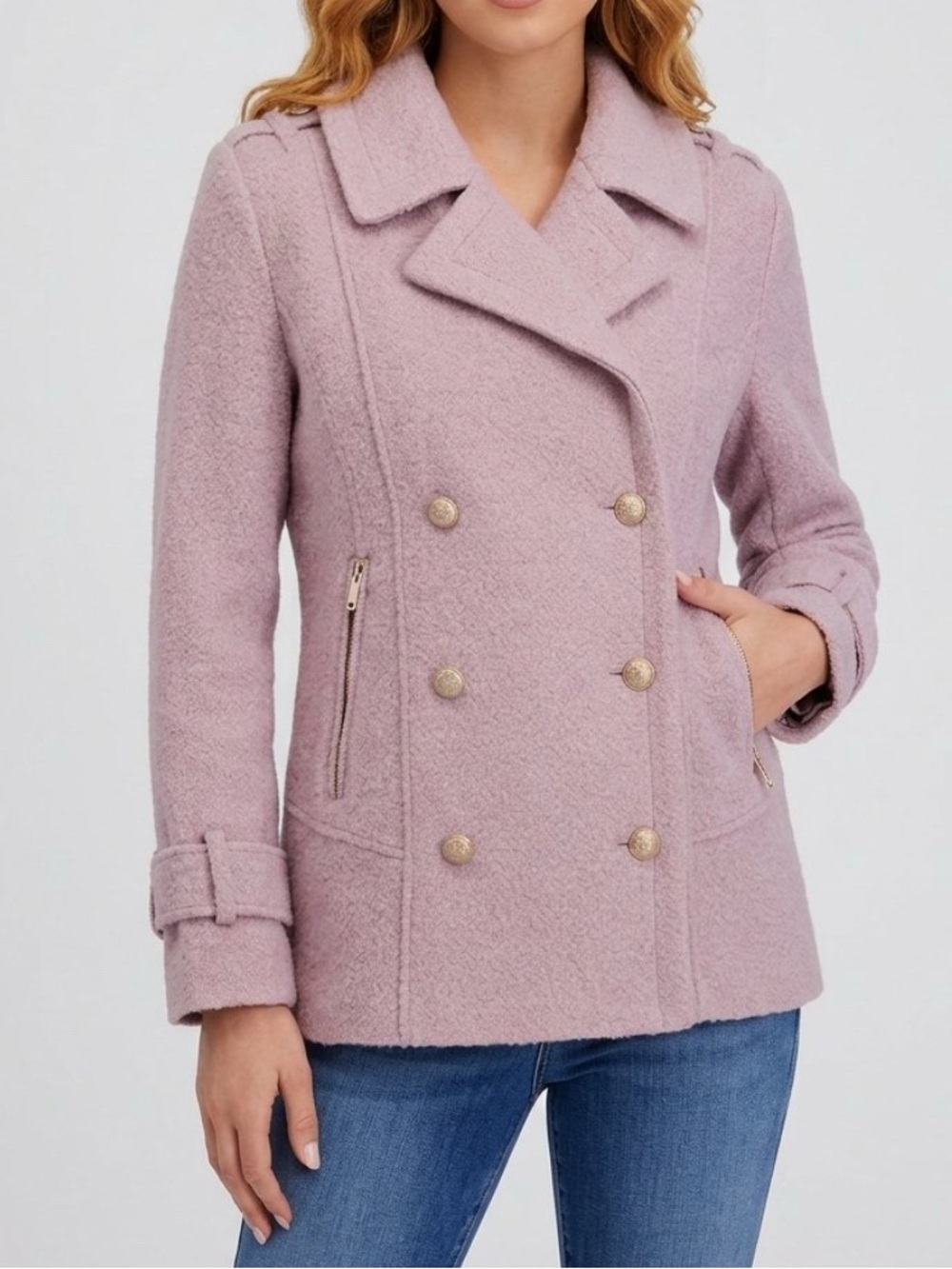 Kensie Women’s Boucle Rose Pink Double Breasted Wool Blend Pea Coat Gold Accents